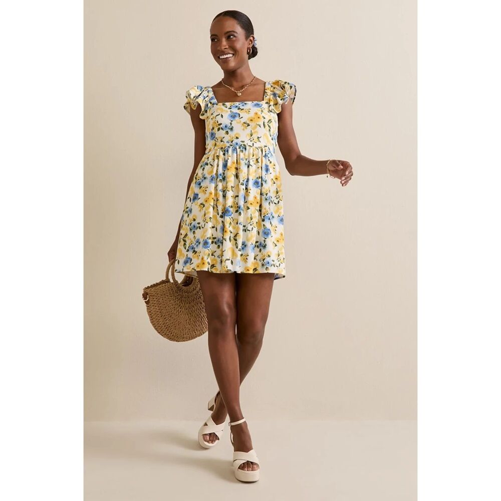 NWT Francesca's Dora Lemon Print Bow Back Mini Dress Womens Medim